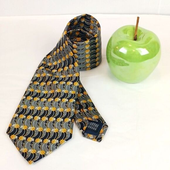 CRISTY Firenze gold, black, silver floral abstract 100% Italian silk tie - Picture 1 of 5